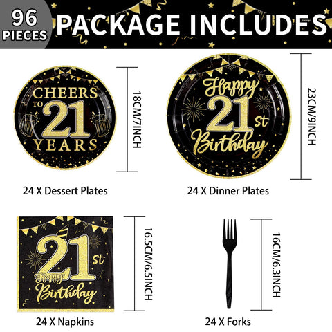 96 Pcs Black Gold 21st Birthday Party Plates and Napkins - Grencian