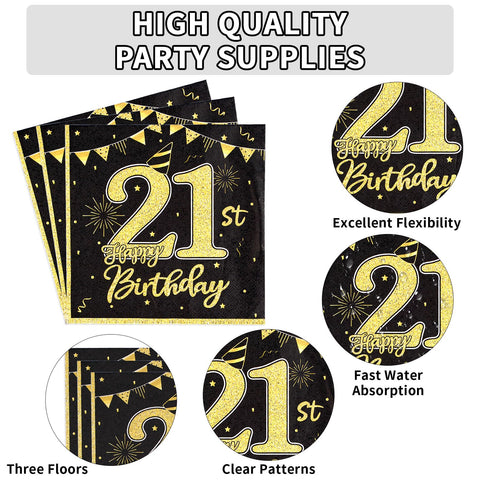 96 Pcs Black Gold 21st Birthday Party Plates and Napkins - Grencian