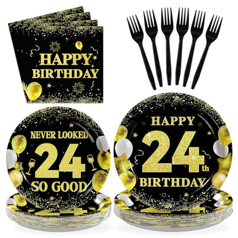 96 Pcs Black Gold 24th Birthday Party Plates and Napkins - Grencian