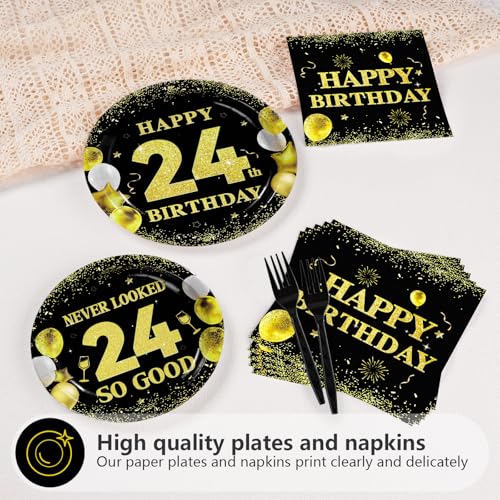 96 Pcs Black Gold 24th Birthday Party Plates and Napkins - Grencian