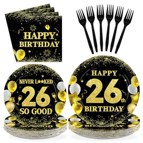 96 Pcs Black Gold 26th Birthday Party Plates and Napkins - Grencian