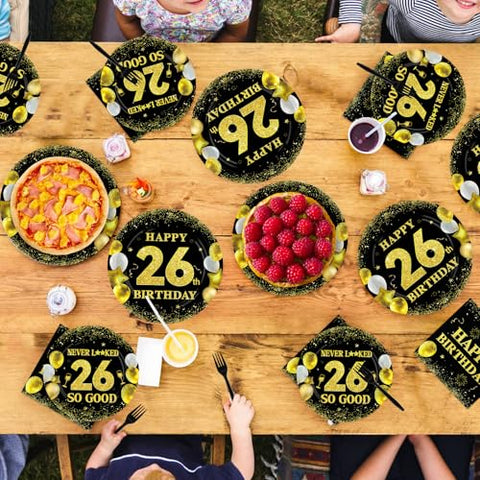 96 Pcs Black Gold 26th Birthday Party Plates and Napkins - Grencian