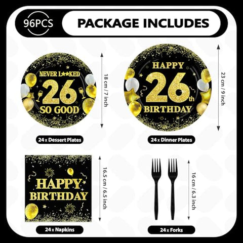 96 Pcs Black Gold 26th Birthday Party Plates and Napkins - Grencian