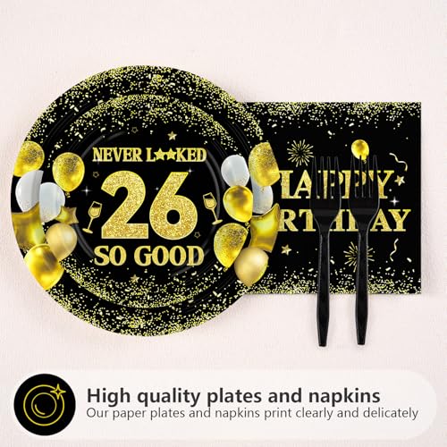 96 Pcs Black Gold 26th Birthday Party Plates and Napkins - Grencian