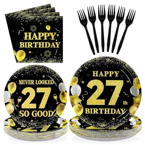96 Pcs Black Gold 27th Birthday Party Plates and Napkins - Grencian
