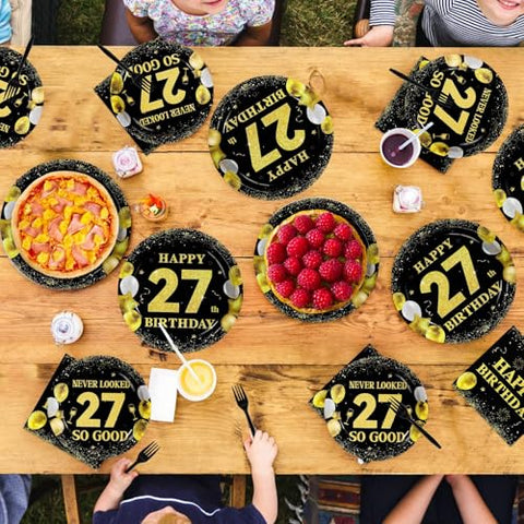 96 Pcs Black Gold 27th Birthday Party Plates and Napkins - Grencian