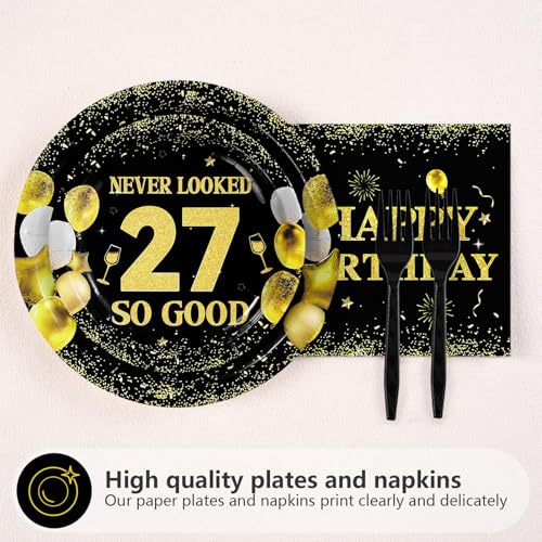 96 Pcs Black Gold 27th Birthday Party Plates and Napkins - Grencian