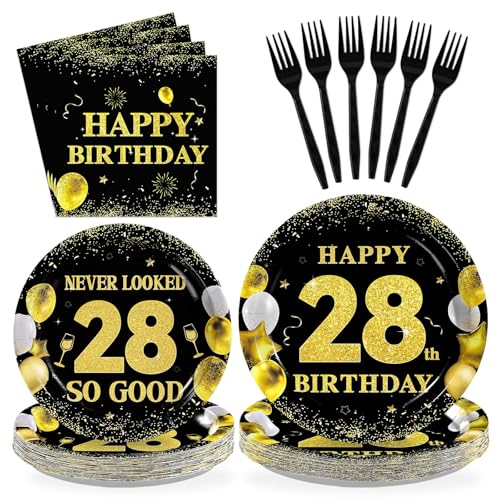 96 Pcs Black Gold 28th Birthday Party Plates and Napkins - Grencian