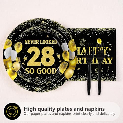 96 Pcs Black Gold 28th Birthday Party Plates and Napkins - Grencian