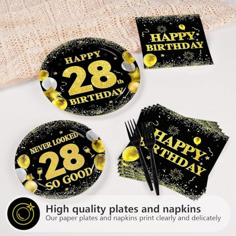 96 Pcs Black Gold 28th Birthday Party Plates and Napkins - Grencian