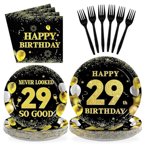 96 Pcs Black Gold 29th Birthday Party Plates and Napkins - Grencian