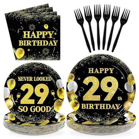 96 Pcs Black Gold 29th Birthday Party Plates and Napkins - Grencian