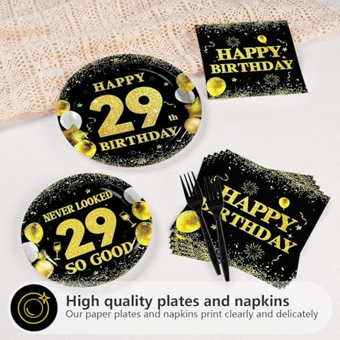 96 Pcs Black Gold 29th Birthday Party Plates and Napkins - Grencian