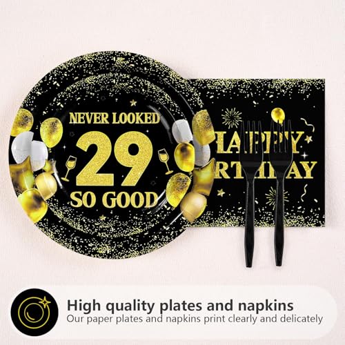 96 Pcs Black Gold 29th Birthday Party Plates and Napkins - Grencian