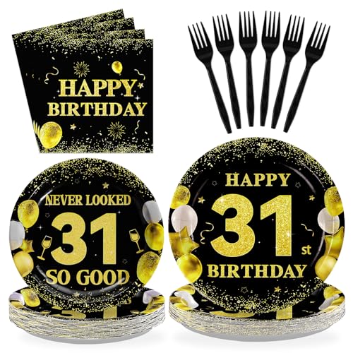 96 Pcs Black Gold 31st Birthday Party Plates and Napkins - Grencian