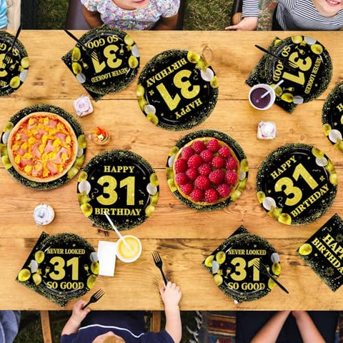 96 Pcs Black Gold 31st Birthday Party Plates and Napkins - Grencian