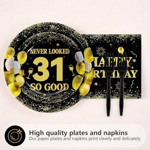 96 Pcs Black Gold 31st Birthday Party Plates and Napkins - Grencian