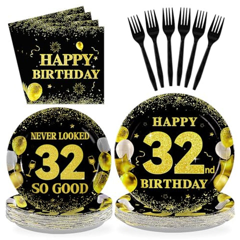 96 Pcs Black Gold 32nd Birthday Party Plates and Napkins - Grencian