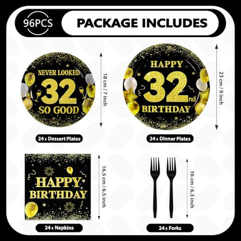 96 Pcs Black Gold 32nd Birthday Party Plates and Napkins - Grencian