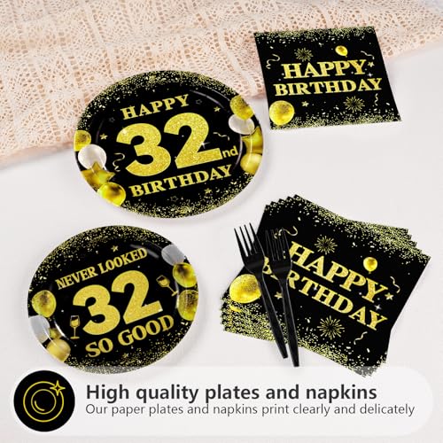 96 Pcs Black Gold 32nd Birthday Party Plates and Napkins - Grencian