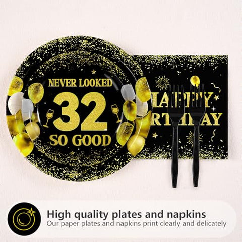 96 Pcs Black Gold 32nd Birthday Party Plates and Napkins - Grencian