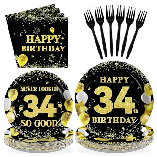 96 Pcs Black Gold 34th Birthday Party Plates and Napkins - Grencian