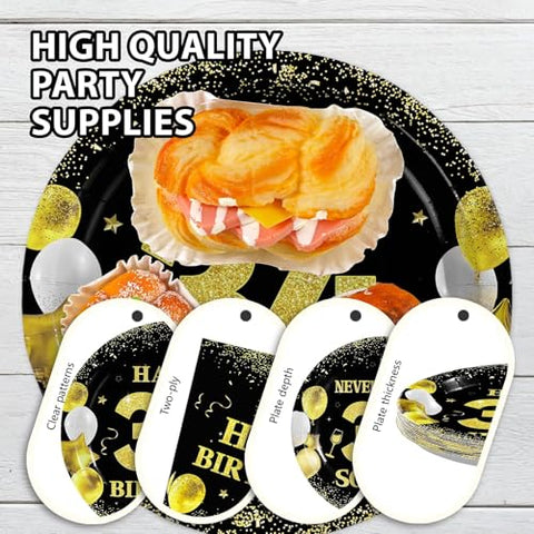 96 Pcs Black Gold 34th Birthday Party Plates and Napkins - Grencian