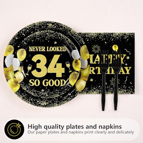 96 Pcs Black Gold 34th Birthday Party Plates and Napkins - Grencian