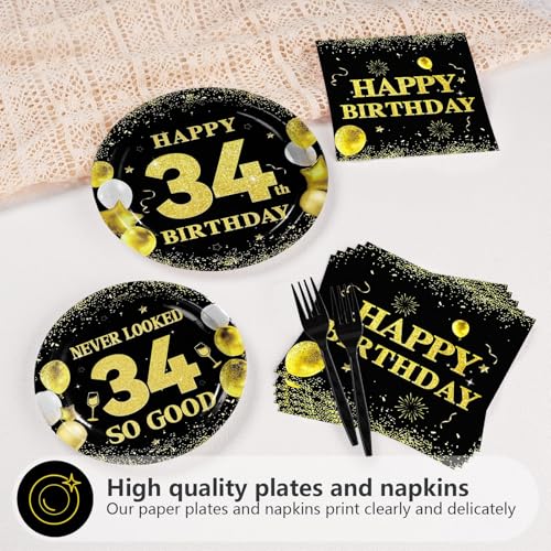 96 Pcs Black Gold 34th Birthday Party Plates and Napkins - Grencian