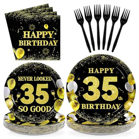96 Pcs Black Gold 35th Birthday Party Plates and Napkins - Grencian