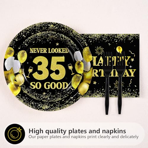 96 Pcs Black Gold 35th Birthday Party Plates and Napkins - Grencian