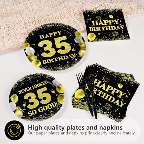 96 Pcs Black Gold 35th Birthday Party Plates and Napkins - Grencian