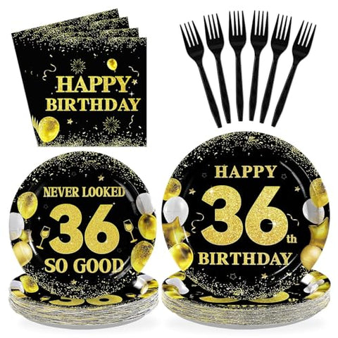 96 Pcs Black Gold 36th Birthday Party Plates and Napkins - Grencian