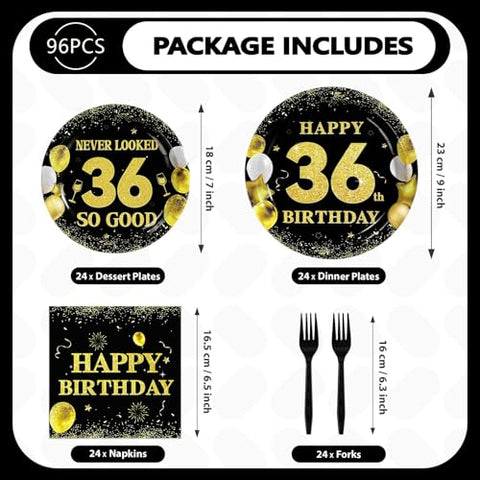 96 Pcs Black Gold 36th Birthday Party Plates and Napkins - Grencian
