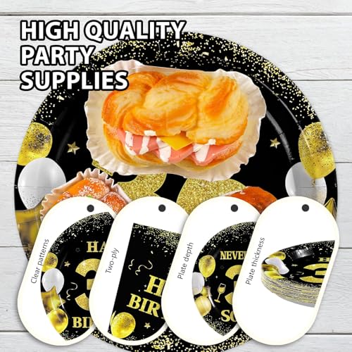 96 Pcs Black Gold 36th Birthday Party Plates and Napkins - Grencian