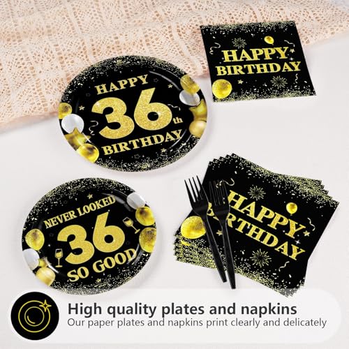 96 Pcs Black Gold 36th Birthday Party Plates and Napkins - Grencian