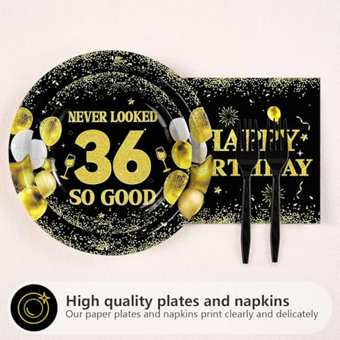 96 Pcs Black Gold 36th Birthday Party Plates and Napkins - Grencian