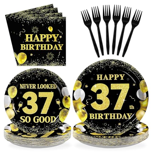 96 Pcs Black Gold 37th Birthday Party Plates and Napkins - Grencian