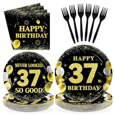 96 Pcs Black Gold 37th Birthday Party Plates and Napkins - Grencian