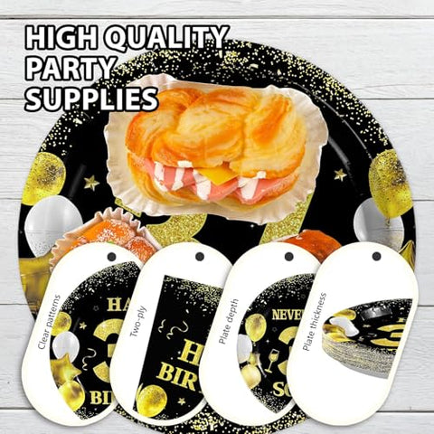 96 Pcs Black Gold 37th Birthday Party Plates and Napkins - Grencian