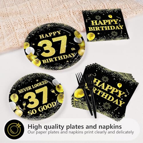 96 Pcs Black Gold 37th Birthday Party Plates and Napkins - Grencian
