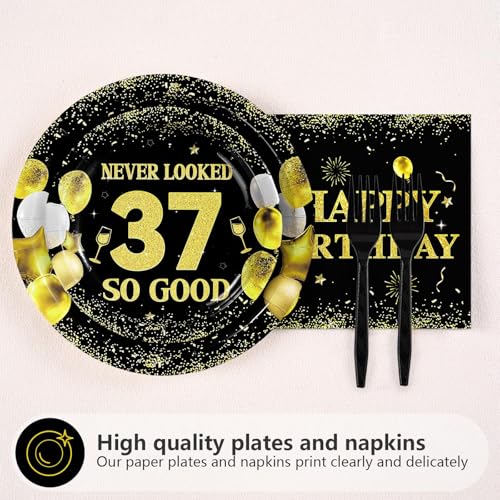 96 Pcs Black Gold 37th Birthday Party Plates and Napkins - Grencian