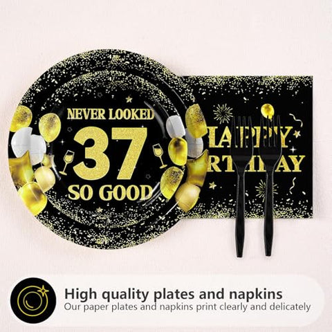 96 Pcs Black Gold 37th Birthday Party Plates and Napkins - Grencian