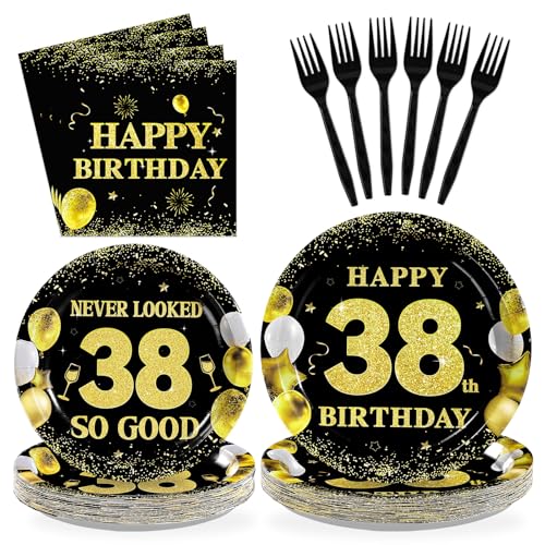 96 Pcs Black Gold 38th Birthday Party Plates and Napkins - Grencian