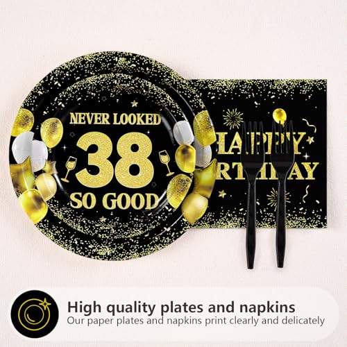 96 Pcs Black Gold 38th Birthday Party Plates and Napkins - Grencian