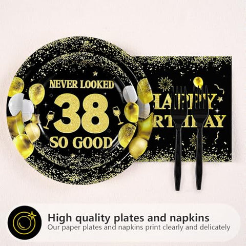 96 Pcs Black Gold 38th Birthday Party Plates and Napkins - Grencian