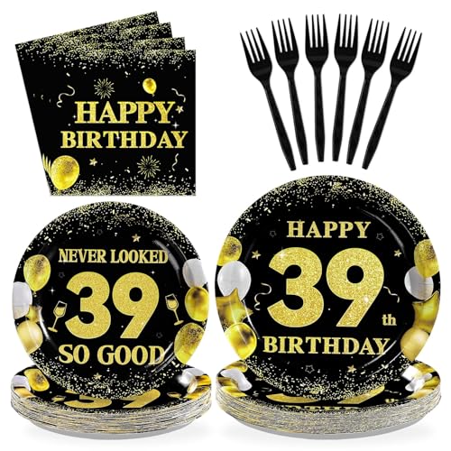 96 Pcs Black Gold 39th Birthday Party Plates and Napkins - Grencian