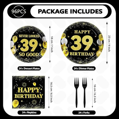 96 Pcs Black Gold 39th Birthday Party Plates and Napkins - Grencian