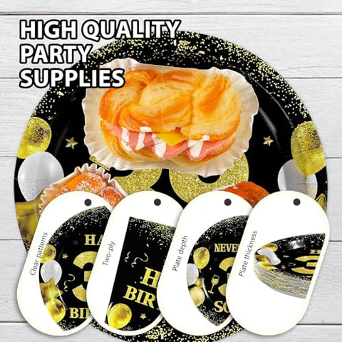96 Pcs Black Gold 39th Birthday Party Plates and Napkins - Grencian