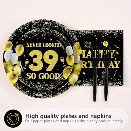 96 Pcs Black Gold 39th Birthday Party Plates and Napkins - Grencian